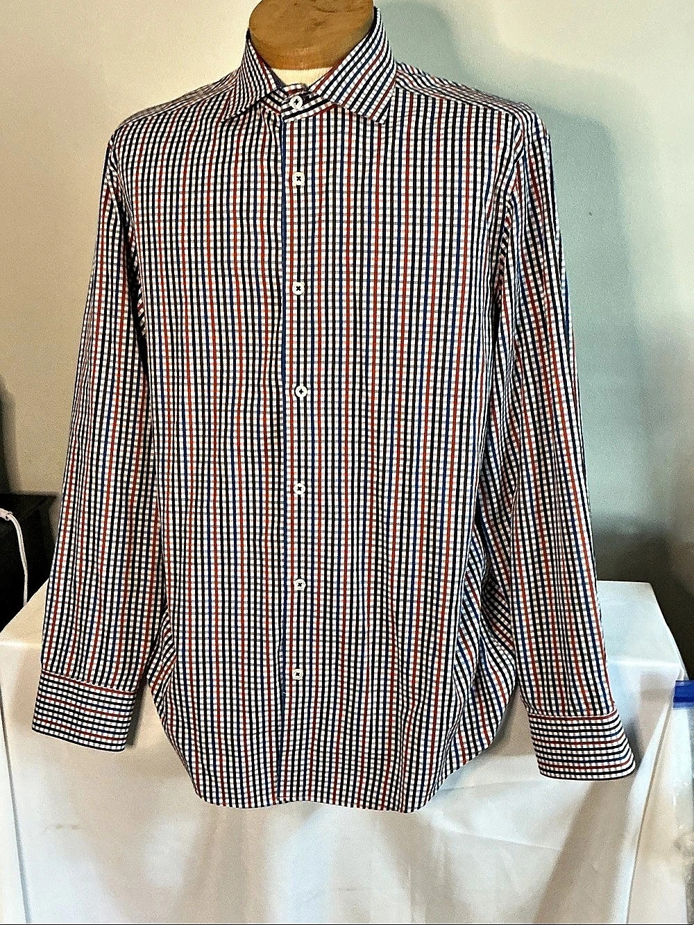 Bugatchi Uomo Men's Checkered Button Down in Blue & White Like New